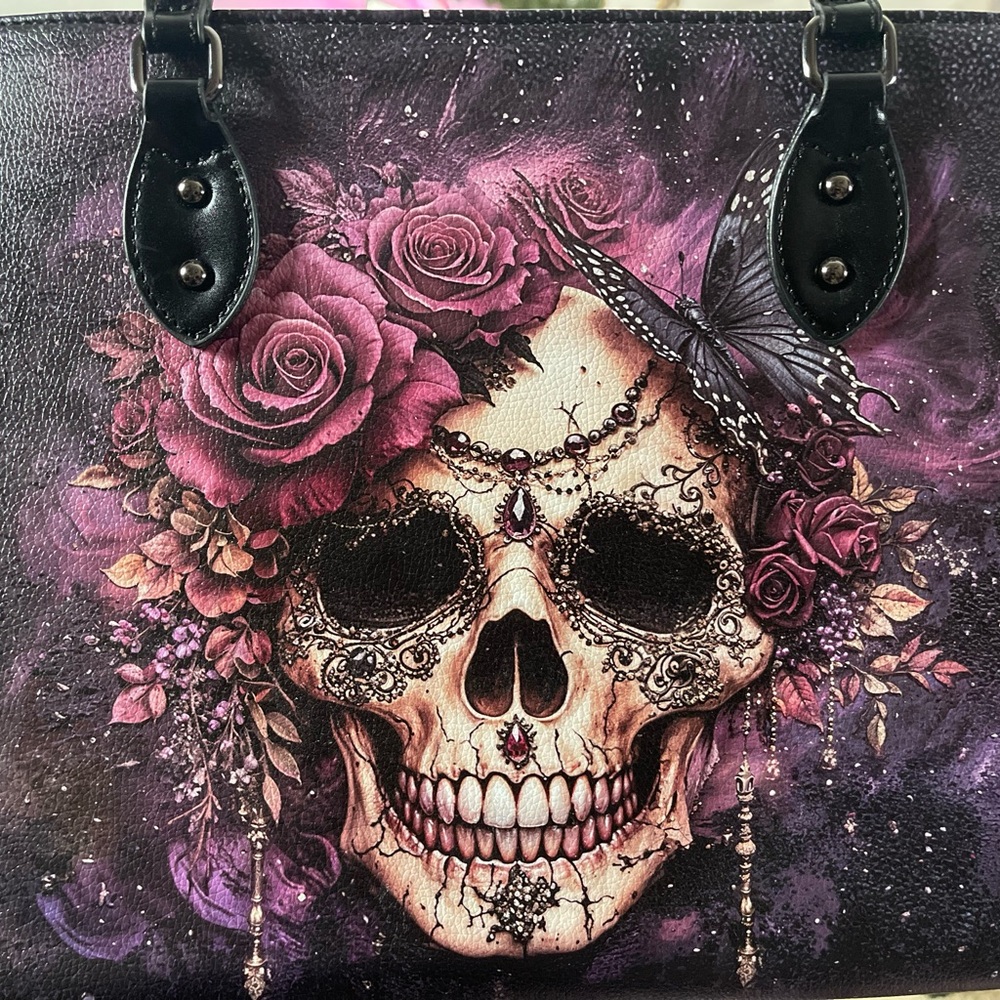 Floral Skull Tote Bag and Wallet combo. Black and Purple - Picture 3 of 10